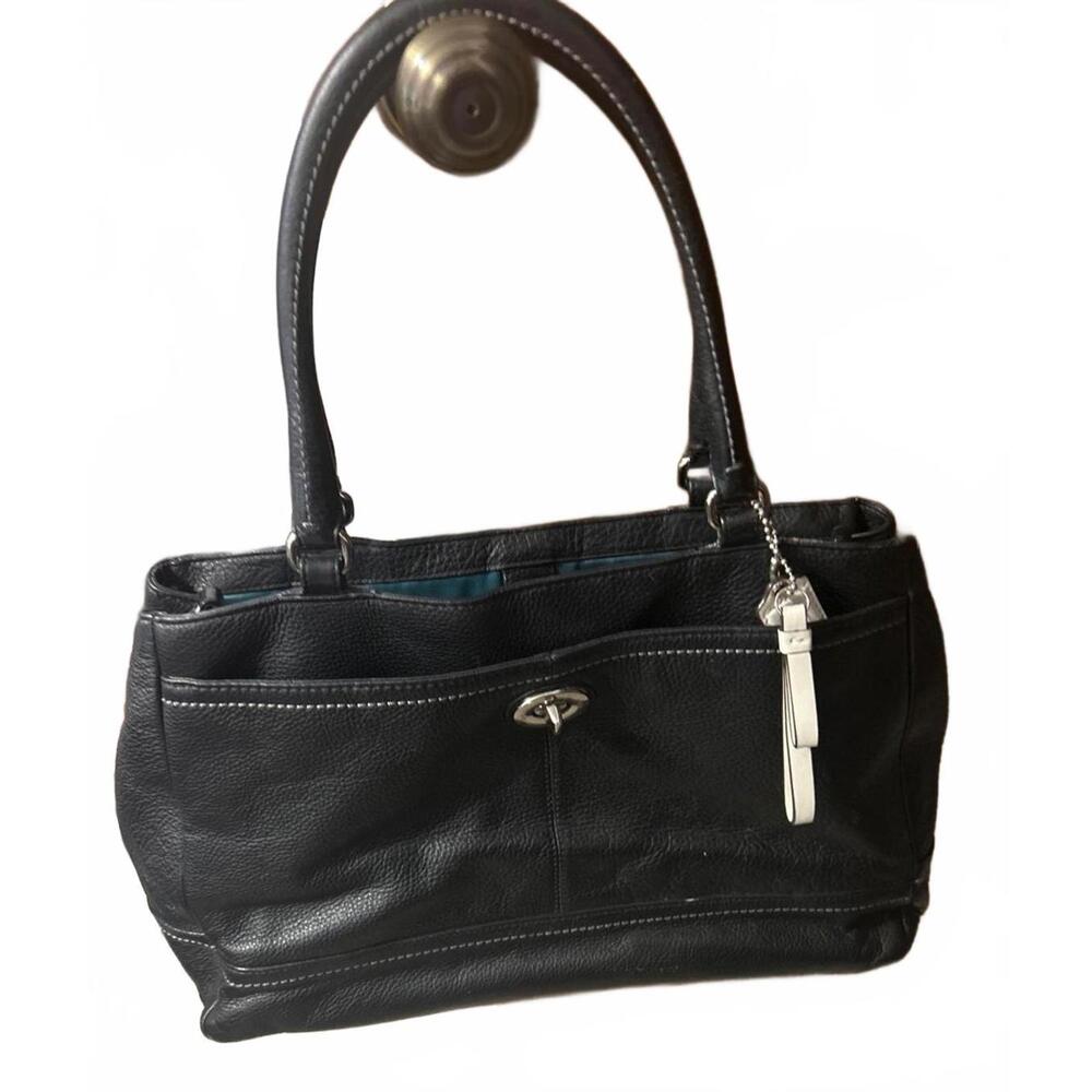 Stylish Black Leather Coach brand Handbag with Black Organizer Compartments